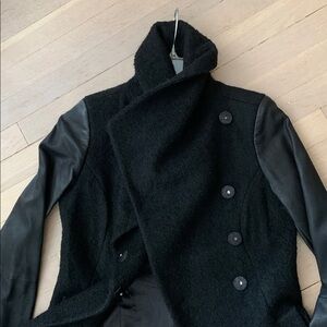 Steve Madden Black Funnel Neck High Collar Sherpa Wool Coat Vegan Faux Leather